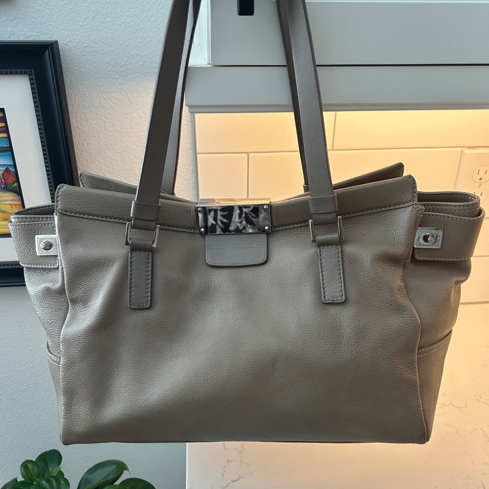Jimmy Choo Farrah Taupe Leather Designer Tote Bag - Picture 2 of 13